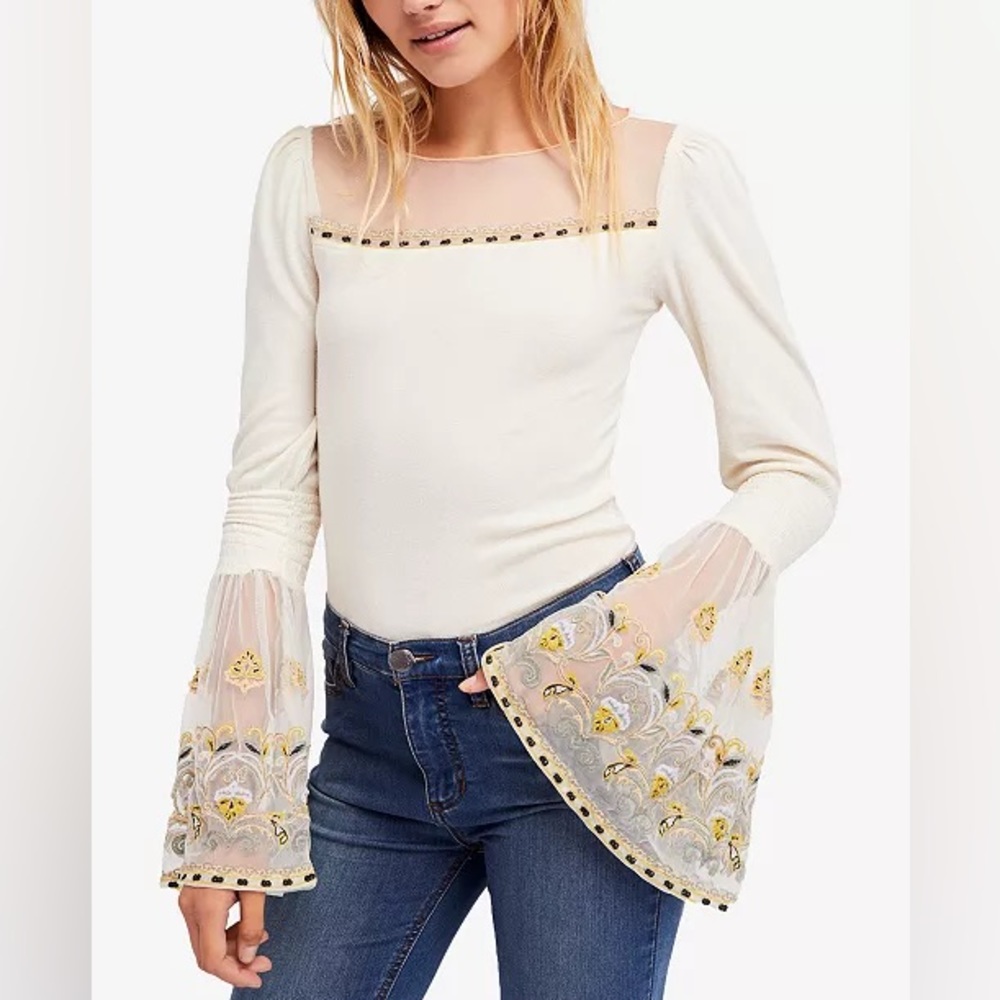 Free People Cotton High Tides Bell-Sleeve Illusion Top size Medium